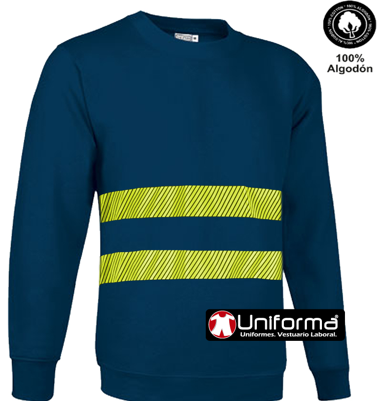 Sudadera de trabajo de algodón 100% con bandas de alta visibilidad del tipo discontinuas segmentadas para mayor comodidad, disponibles y personalizables con logo de empresa en uniforma