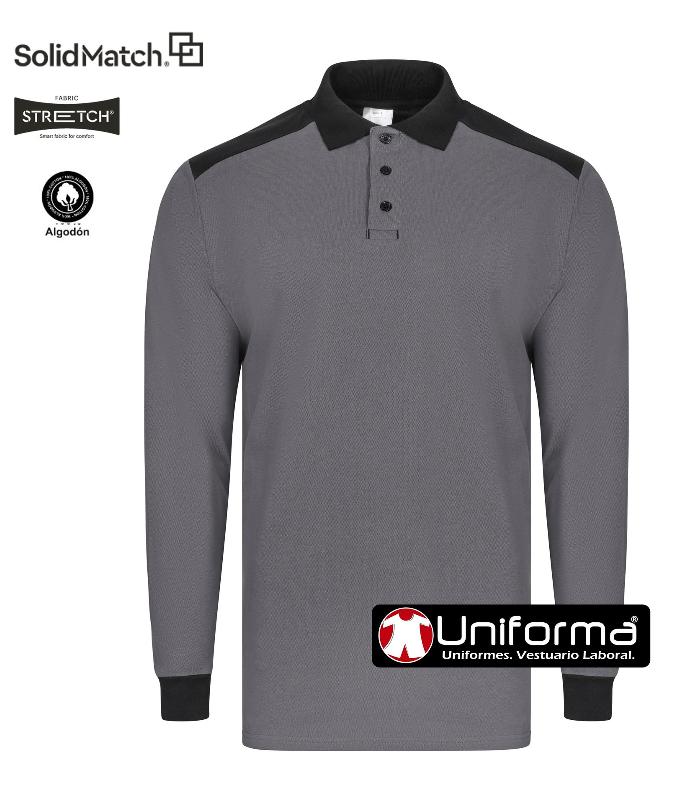 Polo de trabajo de manga larga de color gris con detalles negros, en tejido de piqué elastico, para un trabajo cómodo, de la gama Solidmatch, algodón con elastano, personalizable con logo de empresa en uniforma. 