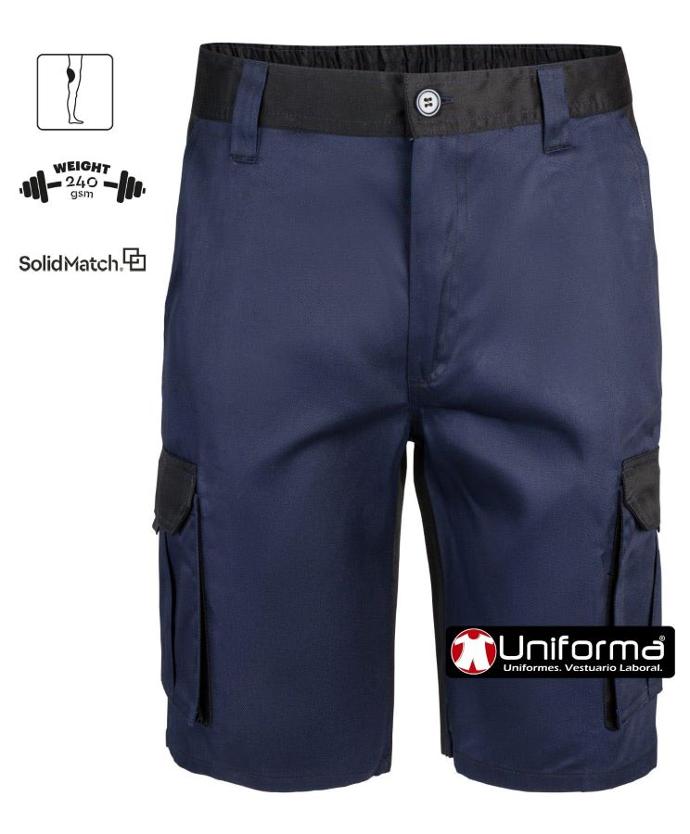 Pantalón de trabajo tipo bermuda, corto, elástica, con culera de refuerzo, diseño bicolor, multibolsillos con bolsillos de cargo, personalizable con logo de empresa en uniforma. 
