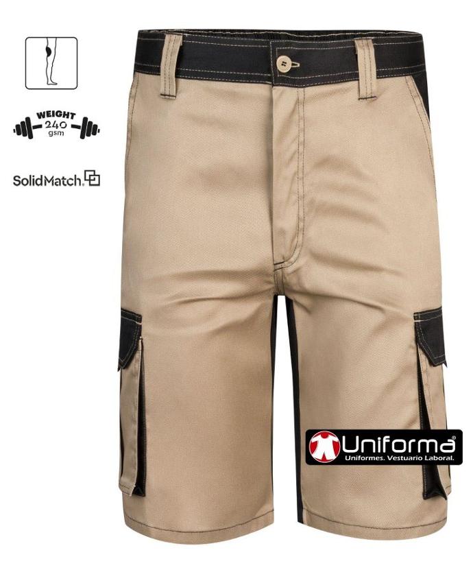 Pantalón de trabajo  de color beige combinado con negro, para trabajadores de la madera, carpinteros modelo de diseño bicolor, multibolsillos con bolsillos de cargo, tejido elástico cómodo y adaptable, con tejido de refuerzo en culera, personalizable con logo de empresa en uniforma