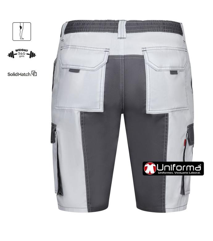 Pantalón de trabajo corto tipo bermuda de color blanco combinado con gris, apropiado para trabajos de pintura, escayolistas, trabajadores del pladur, en tejido elástico, cómodo y adaptable al cuerpo, de gramaje alto, resistente, con culera de refuerzo, y bolsillos de cargo, cinturilla elástica, personalizable con logo de empresa en uniforma. 