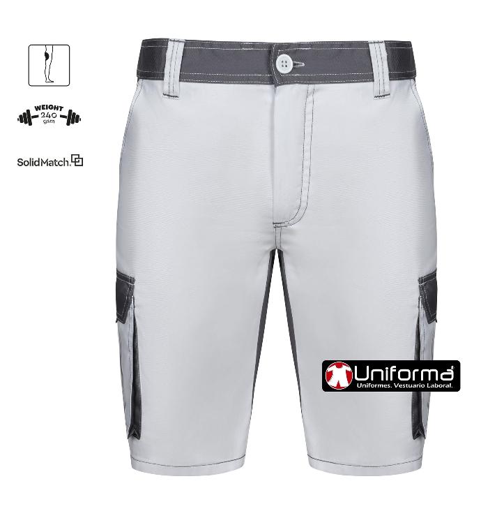 Pantalón de trabajo corto tipo bermuda de color blanco combinado con gris, apropiado para trabajos de pintura, escayolistas, trabajadores del pladur, en tejido elástico, cómodo y adaptable al cuerpo, de gramaje alto, resistente, con culera de refuerzo, y bolsillos de cargo, cinturilla elástica, personalizable con logo de empresa en uniforma. 