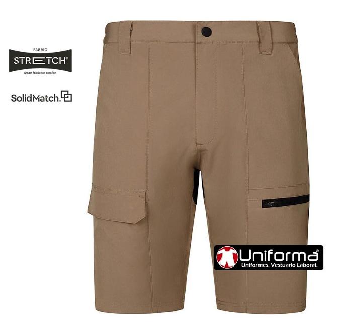 Pantalones de trabajo cortos tipo Bermudas de color beige diseño tipo Trekking en tejido super elástico y muy cómodo de diseño bicolor con colores a contraste, bolsillos con cierre de cremallera, perfectamente adaptable al cuerpo, de tejido resistente al encogimiento, colores resistentes a la decoloración, de secado rápido y sin plancha, personalizables con logo de empresa en uniforma - V103032S