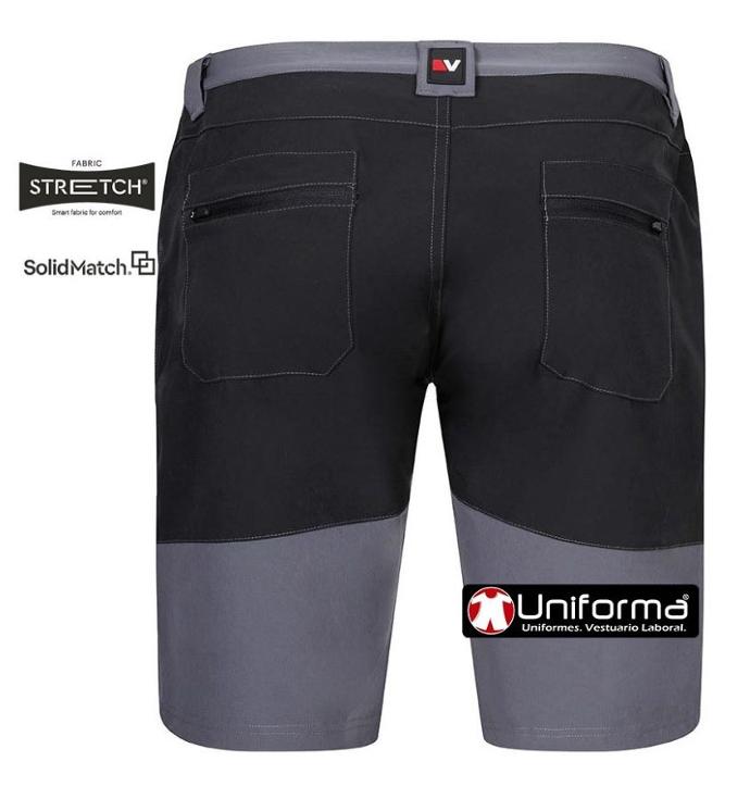 Pantalones de trabajo cortos tipo Bermudas de color gris diseño tipo Trekking en tejido super elástico y muy cómodo de diseño bicolor con colores a contraste, bolsillos con cierre de cremallera, perfectamente adaptable al cuerpo, de tejido resistente al encogimiento, colores resistentes a la decoloración, de secado rápido y sin plancha, personalizables con logo de empresa en uniforma - V103032S