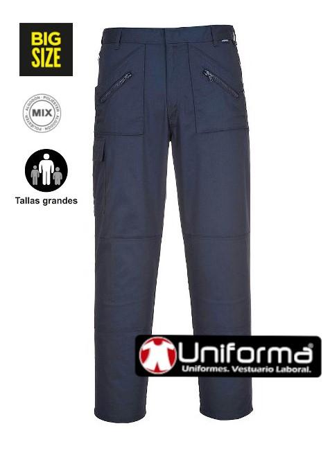 Pantalón de trabajo en tallas grandes y muy grandes hasta la 5XL y en talla 72, diseño multi bolsillos, tejido de sarga de buena calidad, con bolsillos con cierre de cremallera, disponibles en color marino y negro, personalizables con logo de empresa en uniforma 