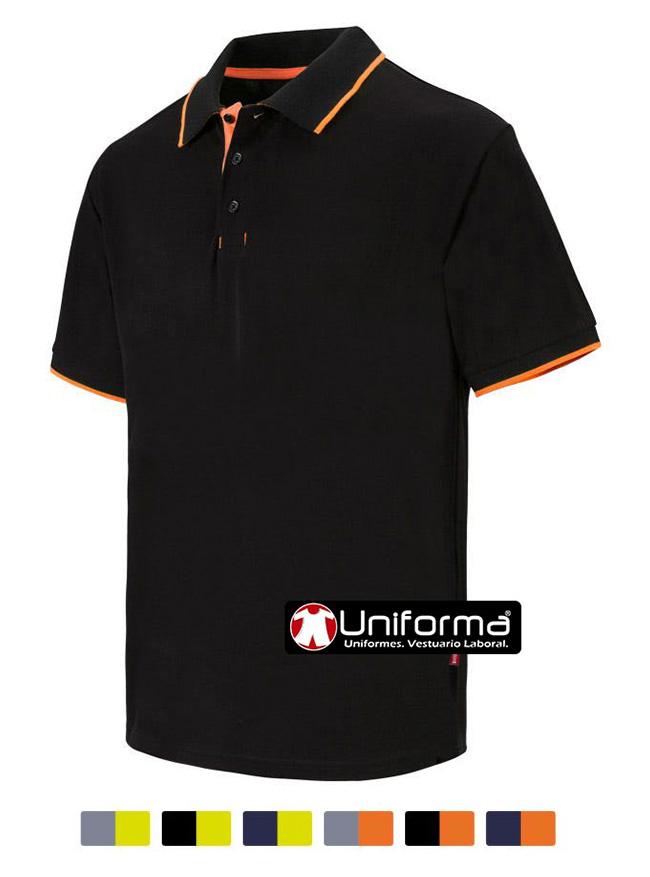 Polo de trabajo de manga corta de diseño bicolor con detalles de color en tonos fluor para uniforme de trabajo corporativo personalizable con logo de empresa en uniforma