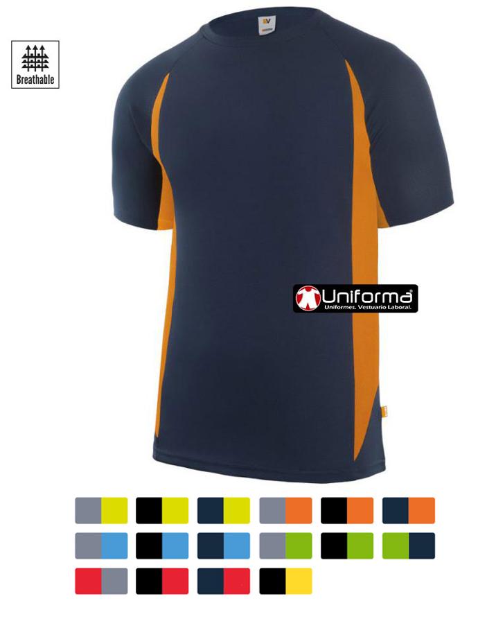 Camiseta de trabajo en tejido técnico Camiseta de trabajo en tejido técnico microperforado contra el calor, de diseño bicolor, mangas ranglan, de cuello redondo y manga corta, personalizable con logo de empresa en uniforma.