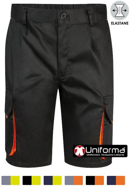 Pantalón corto de trabajo bicolor Pantalón corta de trabajo tipo bermudas de diseño multi bolsillos con seis bolsillos, diseño bicolor, de la gama fluormatch, en tejido resistente y elástico por construcción, personalizable con logo de empresa en uniforma
