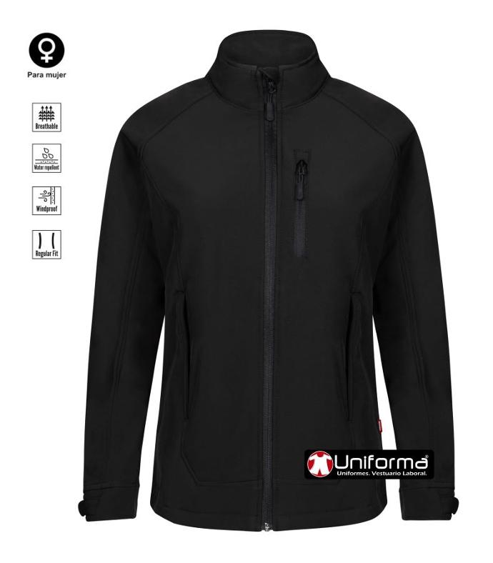 Chaqueta negra de trabajo tipo softshell de mujer de tres capas, repelente del agua, transpirable y corta vientos, con hechura femenina entalladas, con cierre de cremallera central, y puños ajustables, pata un ajuste óptimo al cuerpo femenino de la mujer, personalizable con logo de empresa en uniforma 
