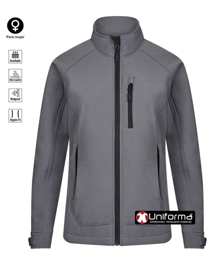 Chaqueta gris de trabajo tipo softshell de mujer de tres capas, repelente del agua, transpirable y corta vientos, con hechura femenina entalladas, con cierre de cremallera central, y puños ajustables, pata un ajuste óptimo al cuerpo femenino de la mujer, personalizable con logo de empresa en uniforma 