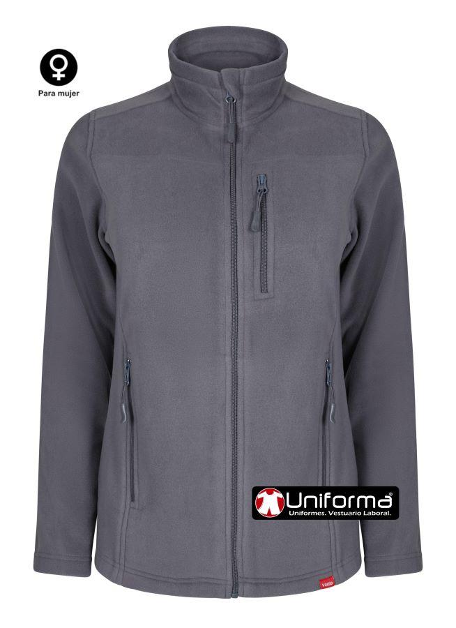Chaqueta gris de tejido polar para mujer entallada. Chaqueta de trabajo de tejido polar entallada de mujer, con hechura femenina, con cierre central de cremallera, cuello alto para proteger del frío, y bolsillos con cierre de cremallera, disponible en 5 colores y personalizable con logo de empresa en uniforma.