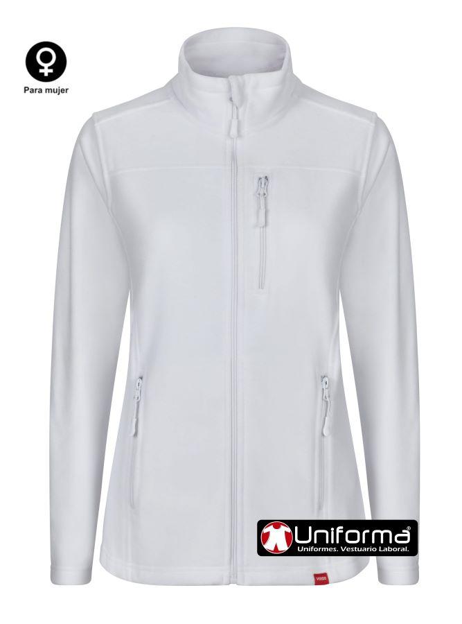 Chaqueta de trabajo de tejido polar entallada de mujer, con hechura femenina, con cierre central de cremallera, cuello alto para proteger del frío, y bolsillos con cierre de cremallera, disponible en 5 colores y personalizable con logo de empresa en uniforma. 