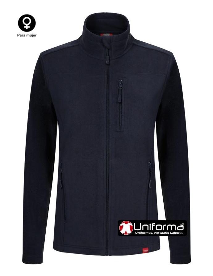 Chaqueta de trabajo de tejido polar entallada de mujer, con hechura femenina, con cierre central de cremallera, cuello alto para proteger del frío, y bolsillos con cierre de cremallera, disponible en 5 colores y personalizable con logo de empresa en uniforma. 