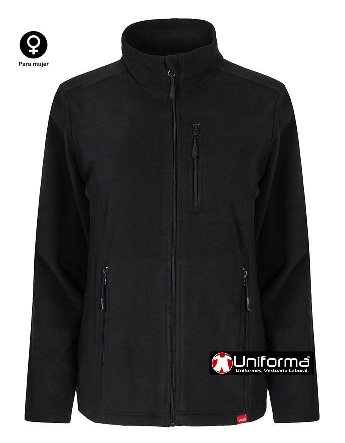 Chaqueta de trabajo de tejido polar entallada de mujer, con hechura femenina, con cierre central de cremallera, cuello alto para proteger del frío, y bolsillos con cierre de cremallera, disponible en 5 colores y personalizable con logo de empresa en uniforma. 