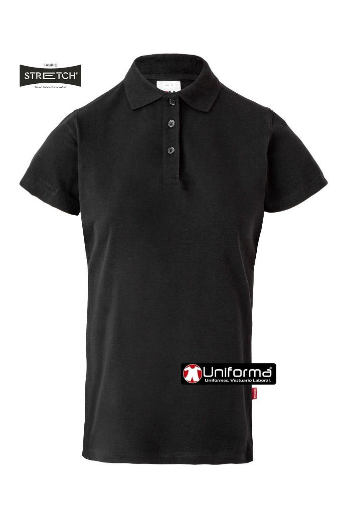 Polo de trabajo de mujer entallado en tejido elástico con elastano super cómodos y de ajuste perfecto, con aberturas laterales para un ajuste óptimo, de manga corta, y personalizables con logo de empresa en uniforma