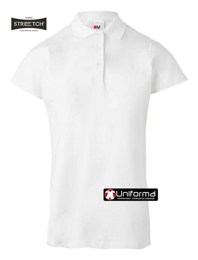 Polo de trabajo de mujer entallado en tejido elástico con elastano super cómodos y de ajuste perfecto, con aberturas laterales para un ajuste óptimo, de manga corta, y personalizables con logo de empresa en uniforma