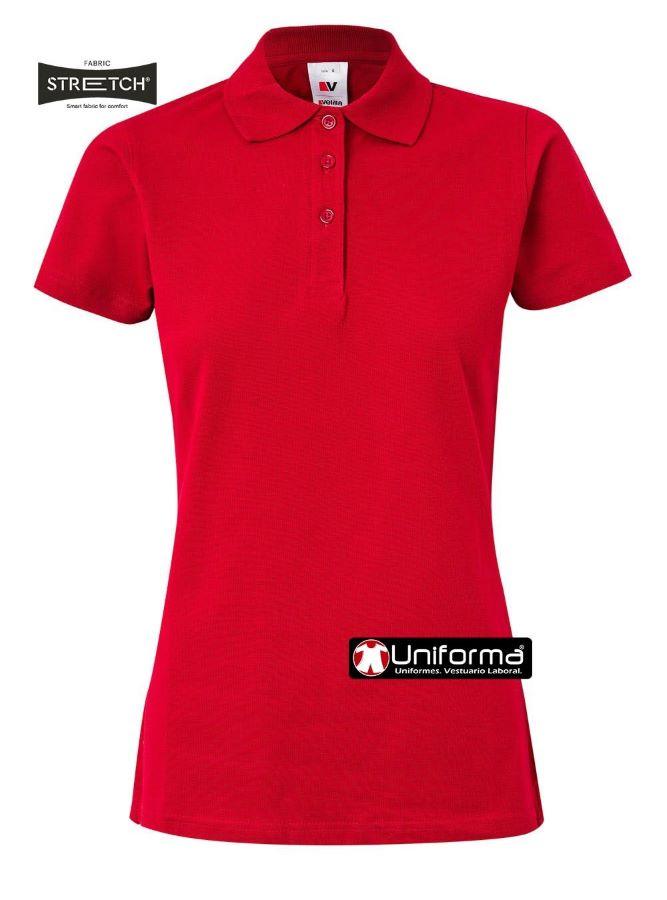 Polo de trabajo de mujer entallado en tejido elástico con elastano super cómodos y de ajuste perfecto, con aberturas laterales para un ajuste óptimo, de manga corta, y personalizables con logo de empresa en uniforma
