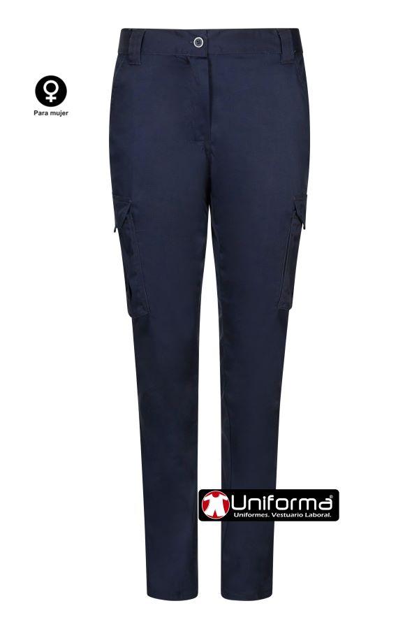 Pantalón de trabajo de mujer de color azul marino Pantalón de trabajo de mujer en tejido Stretch con un 38% de tejido EME que es elástico por construcción, de diseño multibolsillos con bolsillos de cargo con fuelles, cómodos, ajustable, personalizables con logo de empresa en uniforma