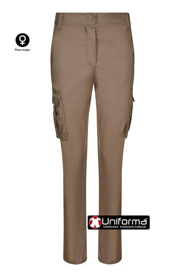 Pantalón beige de trabajo de mujer en tejido Stretch con un 38% de tejido EME que es elástico por construcción, de diseño multibolsillos con bolsillos de cargo con fuelles, cómodos, ajustable, personalizables con logo de empresa en uniforma