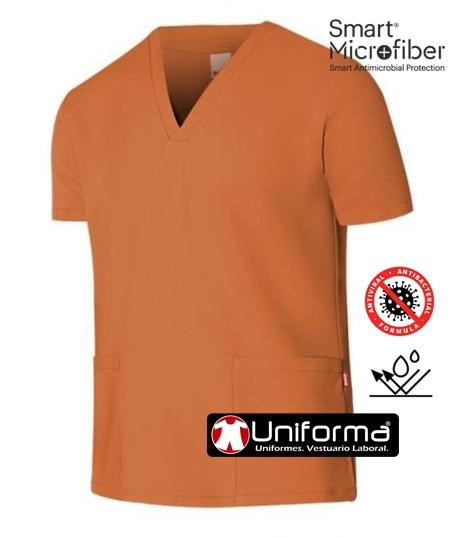 Casaca Microfibra anti bacterias de color naranja en uniforma Casaca sanitaria para uniforme sanitario en tejido de microfibra suave transpirable repente de los líquidos en tejido anti bacterias smart Microfiber apta para trabajos con lñiquidos, resistente a la lejía, personalizable con logo de empresa en uniforma