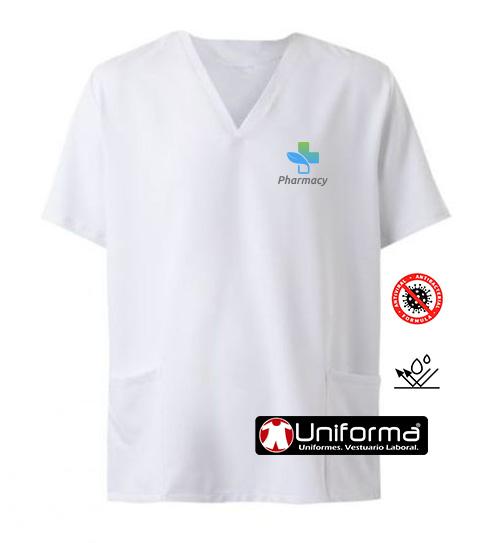 Casaca de trabajo de cuello pico de color blanco con ejemplo de personalización con logo de empresa, en tejido anti bacterias Smart Microfiber, de color blanco, 