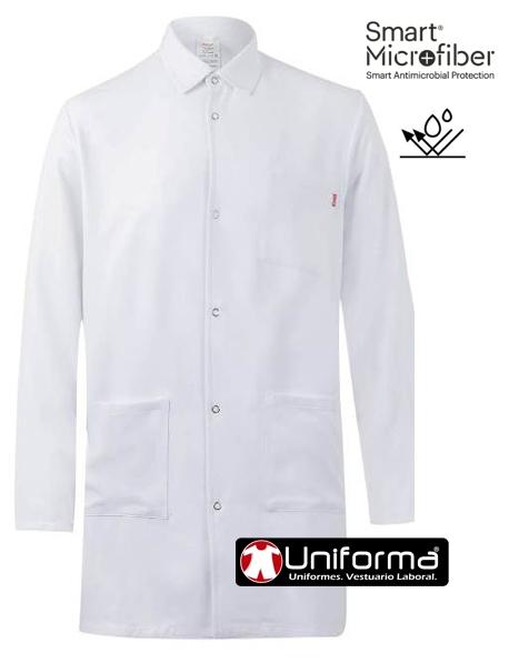 Bata blanca de micro fibra personalizable con logo de empresa en uniforma Bata blanca de laboratorio en tejido de microfibra repelente de los líquidos, indeformable, de lavado fácil y rápido sin necesidad de plancha.