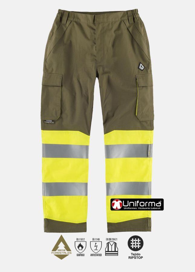 Pantalón de trabajo forestal ignífugo de alta visibilidad y anti estático en tejido anti desgarros Rip Stop con cintas reflectantes ignífugas, y personalizable con logo de empresa en uniforma