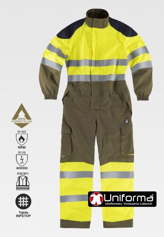 Mono o Buzo de trabajo forestal ignífugo anti estático de alta visibilidad en tejido anti desgarros rip stop de diseño tricolor, amarillo y verde caza, con tejido de refuerzo en los hombros, personalizable con logo de empresa en uniforma