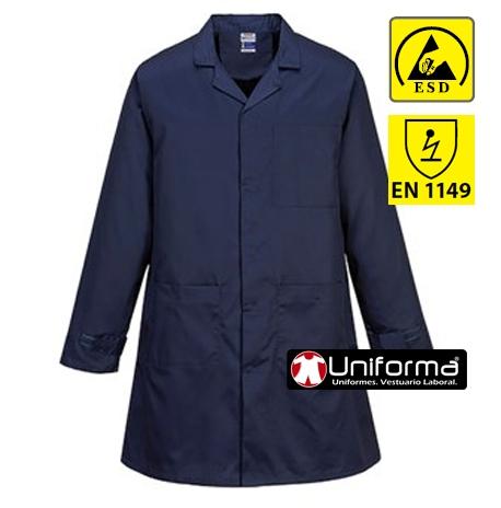 Bata de trabajo azul marino ESD EN1149 disipativa anti estática con fibra conductora para la protección de componentes electrónicos, personalizable con logo de empresa en uniforma