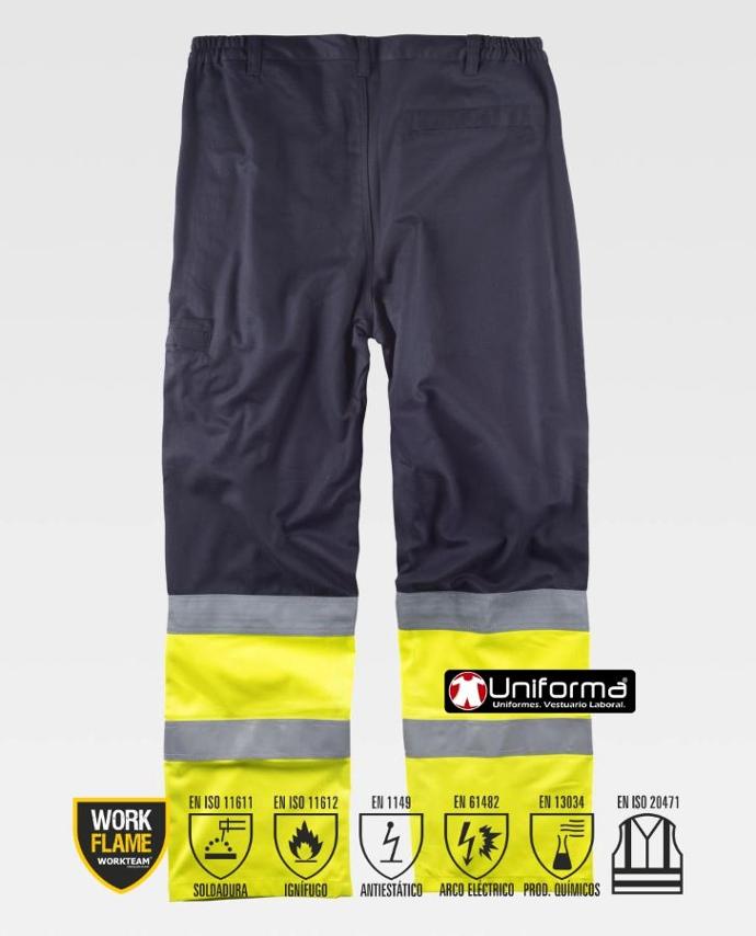 Pantalón de trabajo multi norma ignífugo resistente a la llama, de alta visibilidad, anti estático, resistente a la soldadura, contra el arco eléctrico, resistente a productos químicos personalizable con logo de empresa en uniforma