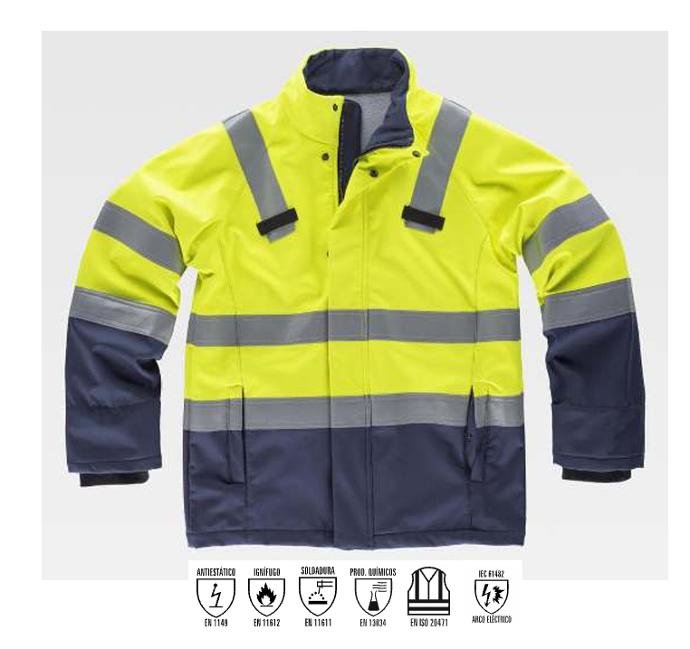 Chaqueta de trabajo tipo softshell multi normna ignífuga anti estática resistente a la soldadura, de alta visibilidad, contra arco eléctrico en uniforma