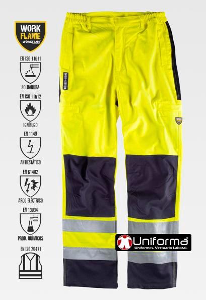 Pantalón de trabajo multi norma ignífugo resistente a la llama, de alta visibilidad, anti estático, resistente a la soldadura, contra el arco eléctrico, resistente a productos químicos personalizable con logo de empresa en uniforma