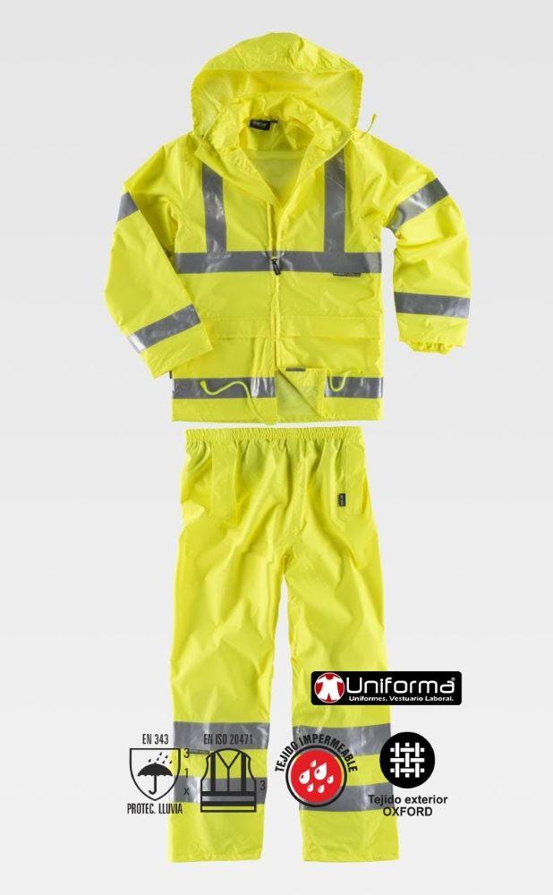 Conjunto impermeable de alta visibilidad EN ISO 20171 clase 3 y lluvia EN343 personalizable con logo de empresa en uniforma 