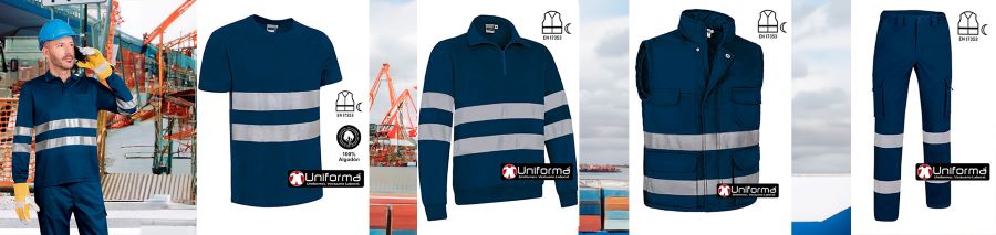 Ropa de trabajo en visibilidad realzada de color marino con bandas reflectantes EN 17353 personalizable con logo de empresa en uniforma