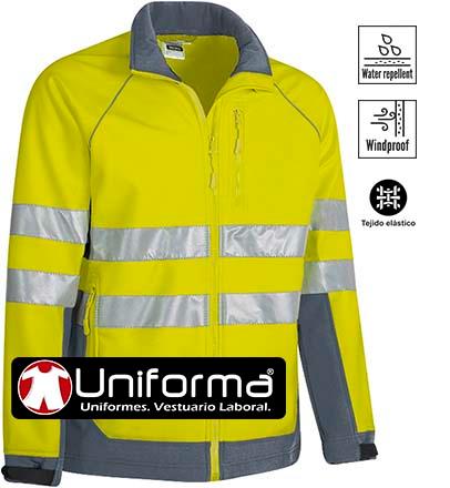 Chaqueta de trabajo tipo softshell de triple capa de alta visibilidad EN ISO 2471 con vivos y cierre de cremallera personalizable con logo de empresa en uniforma