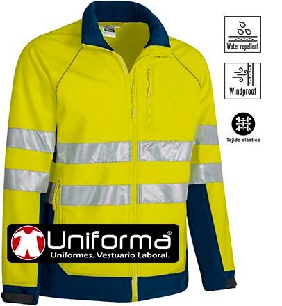 Chaqueta de trabajo tipo softshell de triple capa de alta visibilidad EN ISO 2471 con vivos y cierre de cremallera personalizable con logo de empresa en uniforma