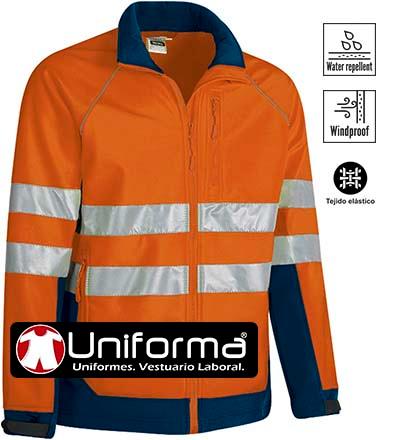 Chaqueta de trabajo tipo softshell de triple capa de alta visibilidad EN ISO 2471 con vivos y cierre de cremallera personalizable con logo de empresa en uniforma