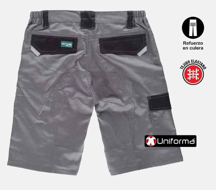 Pantalón de trabajo corto bermudas de trabajo multi bolsillos de diseño bicolor con tejido extra cómodo elástico personalizable con logo de empresa en uniforma