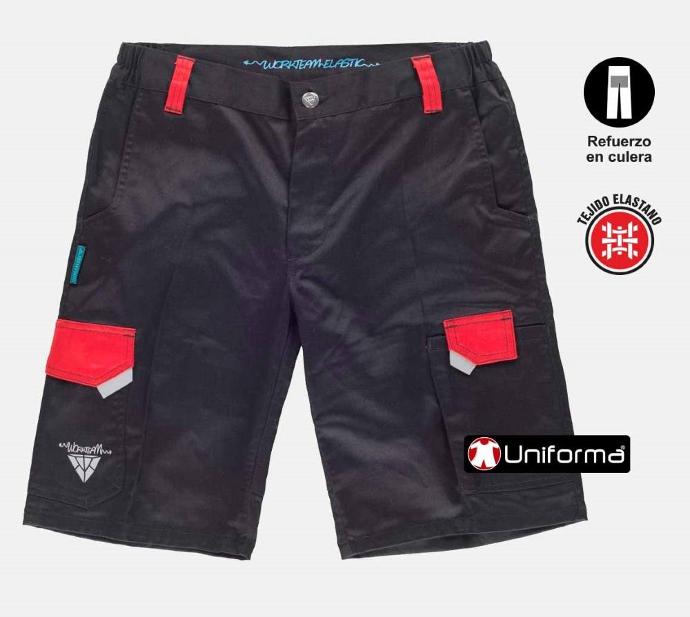 Pantalón de trabajo corto bermudas de trabajo multi bolsillos de diseño bicolor con tejido extra cómodo elástico personalizable con logo de empresa en uniforma