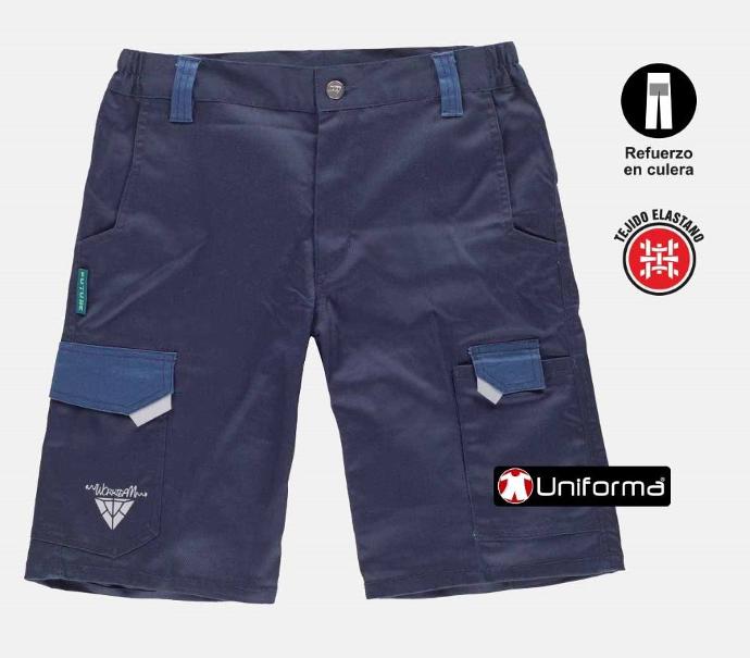 Pantalón de trabajo corto bermudas de trabajo multi bolsillos de diseño bicolor con tejido extra cómodo elástico personalizable con logo de empresa en uniforma