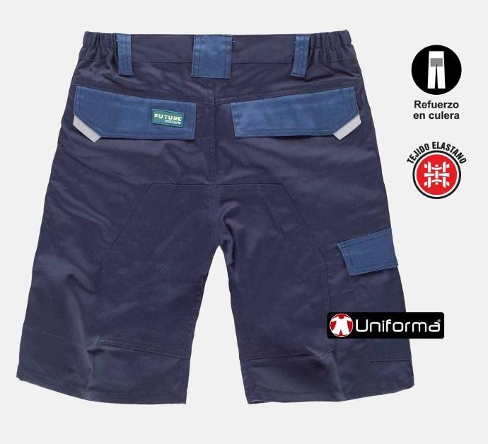 Pantalón de trabajo corto bermudas de trabajo multi bolsillos de diseño bicolor con tejido extra cómodo elástico personalizable con logo de empresa en uniforma