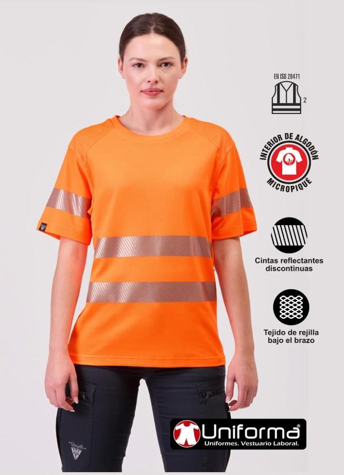 Camiseta de trabajo reflectante de alta visibilidad con algodón 100% por dentro en contacto con la piel, tejido de rejilla y bandas reflectante segmentadas  personalizable con logo de empresa en uniforma