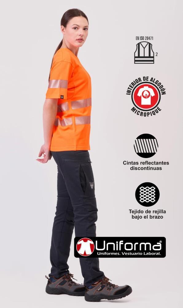 Camiseta de trabajo reflectante de alta visibilidad con algodón 100% por dentro en contacto con la piel, tejido de rejilla y bandas reflectante segmentadas  personalizable con logo de empresa en uniforma