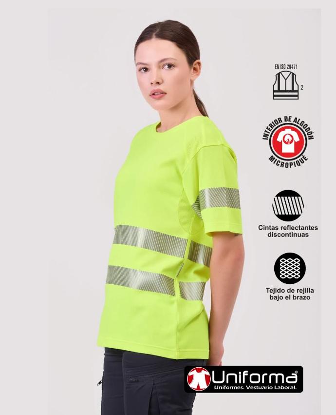 Camiseta de trabajo reflectante de alta visibilidad con algodón 100% por dentro en contacto con la piel, tejido de rejilla y bandas reflectante segmentadas  personalizable con logo de empresa en uniforma