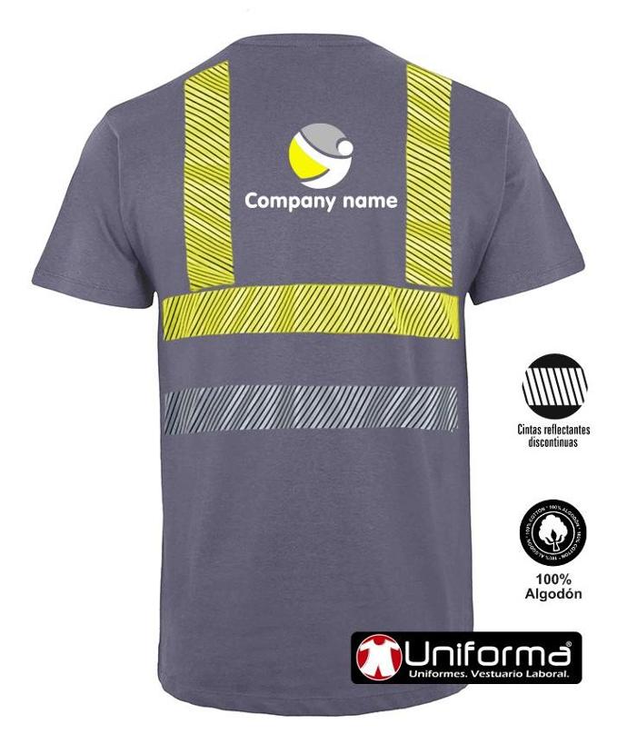 Camiseta de trabajo de algodón 100% con bandas reflectantes y bandas de alta visibilidad segmentadas para facilitar los movimientos, ligera, cómoda, transpirable, de manga corta contra el calor, personalizable con logo de empresa en uniforma