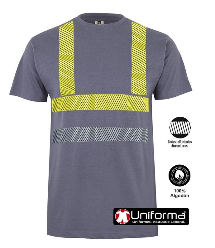 Camiseta de trabajo de algodón 100% con bandas reflectantes y bandas de alta visibilidad segmentadas para facilitar los movimientos, ligera, cómoda, transpirable, de manga corta contra el calor, personalizable con logo de empresa en uniforma