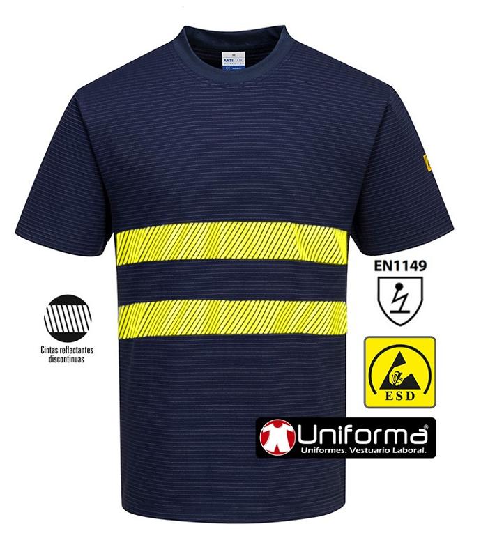 Camiseta de trabajo ESD Azul marino antiestática disipativa de la carga electroestática con bandas de alta visibilidad y personalizable con logo de empresa en uniforma
