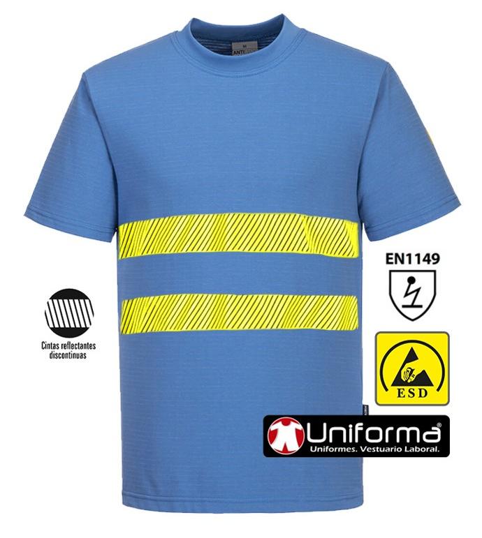 Camiseta de trabajo anti estática disipativa de la carga electroestática ESD con fibra de carbono conductora, con bandas de alta visibilidad, personalizable con logo de empresa en uniforma