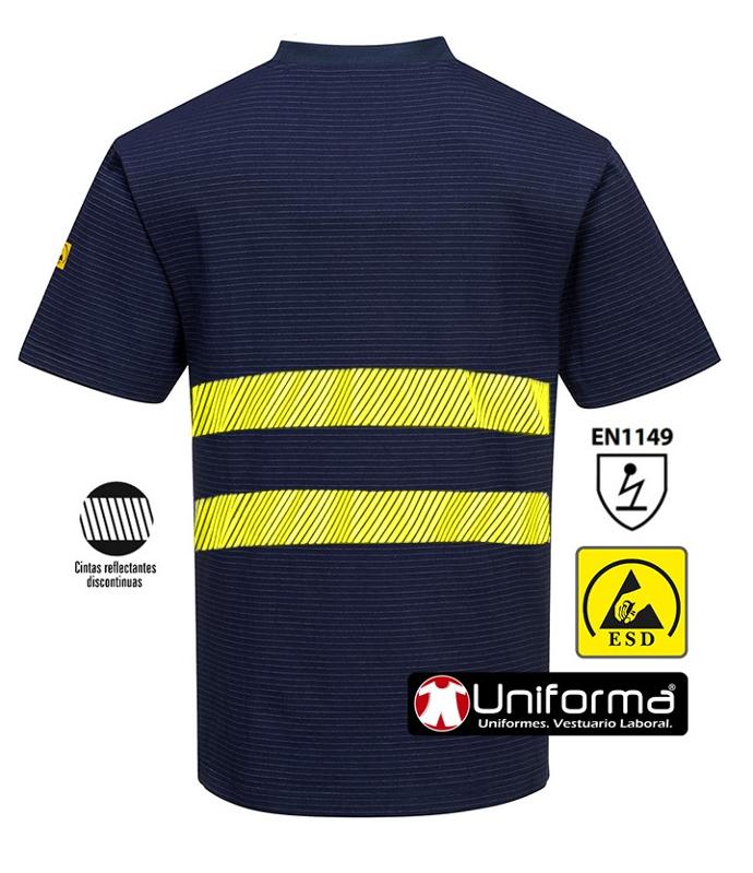 Camiseta de trabajo anti estática disipativa de la carga electroestática ESD con fibra de carbono conductora, con bandas de alta visibilidad, personalizable con logo de empresa en uniforma