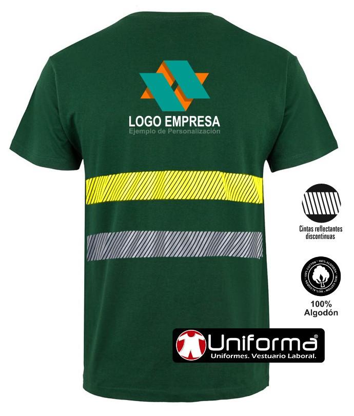 Camiseta de trabajo de color verde de algodón con bandas reflectantes y de alta visibilidad segmentadas con logo de empresa en uniforma